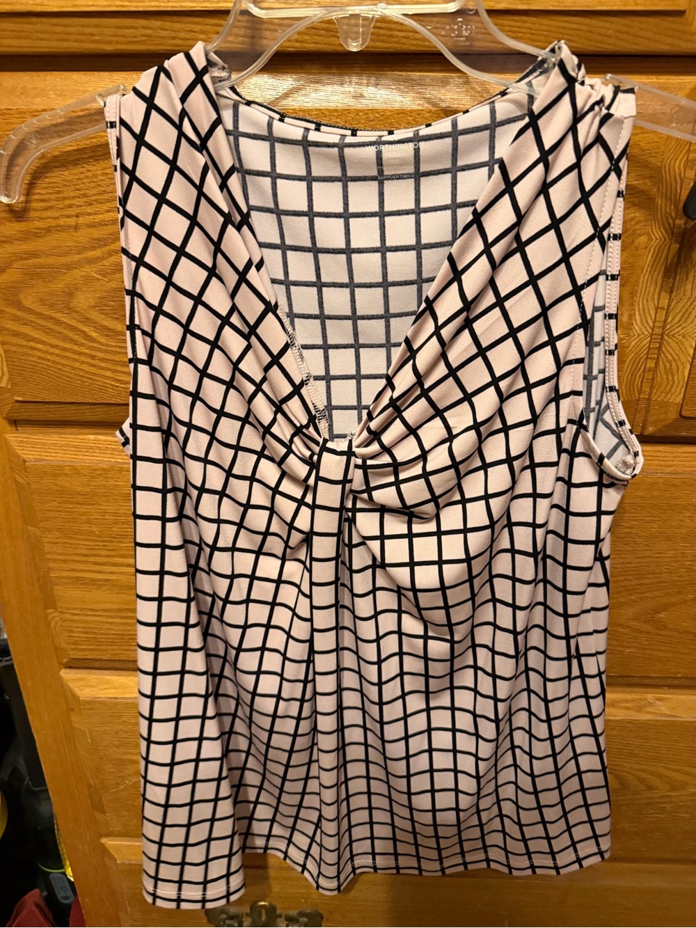 Worthington Black Grid Twist-Front Pink Sleeveless Top